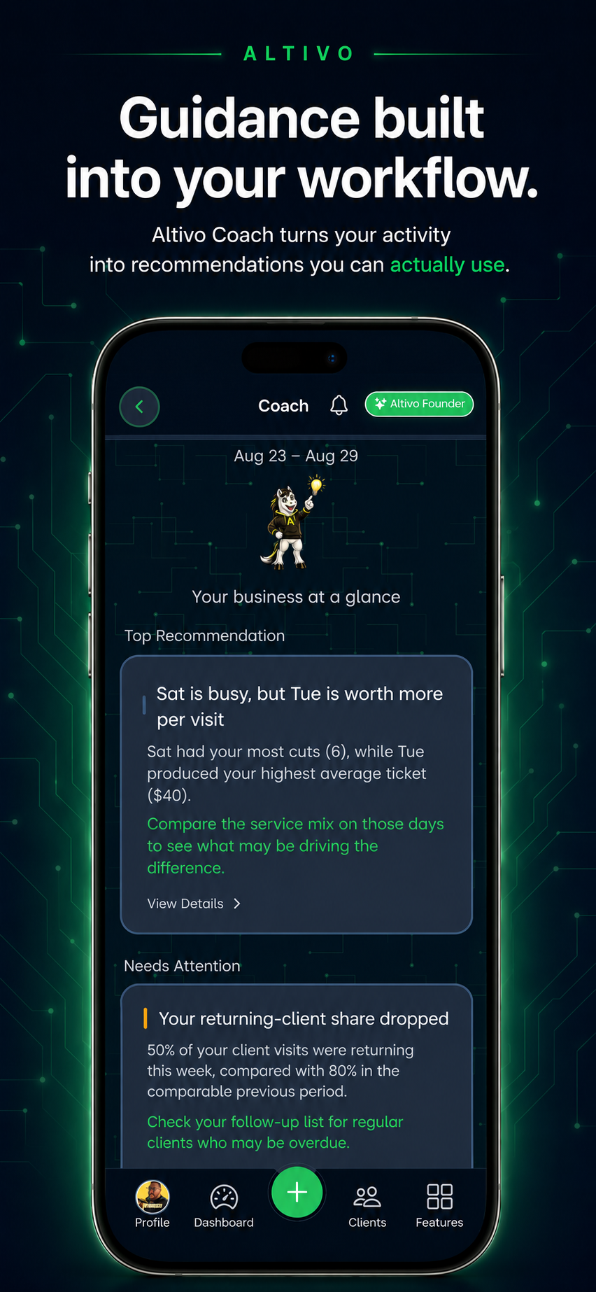 Altivo Coach screen on a phone, showing personalized recommendations based on business activity.